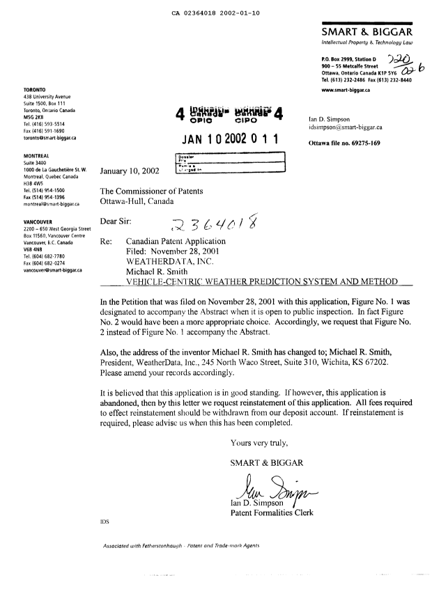 Document de brevet canadien 2364018. Correspondance 20020110. Image 1 de 1