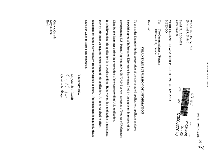 Canadian Patent Document 2364018. Prosecution-Amendment 20030508. Image 1 of 1