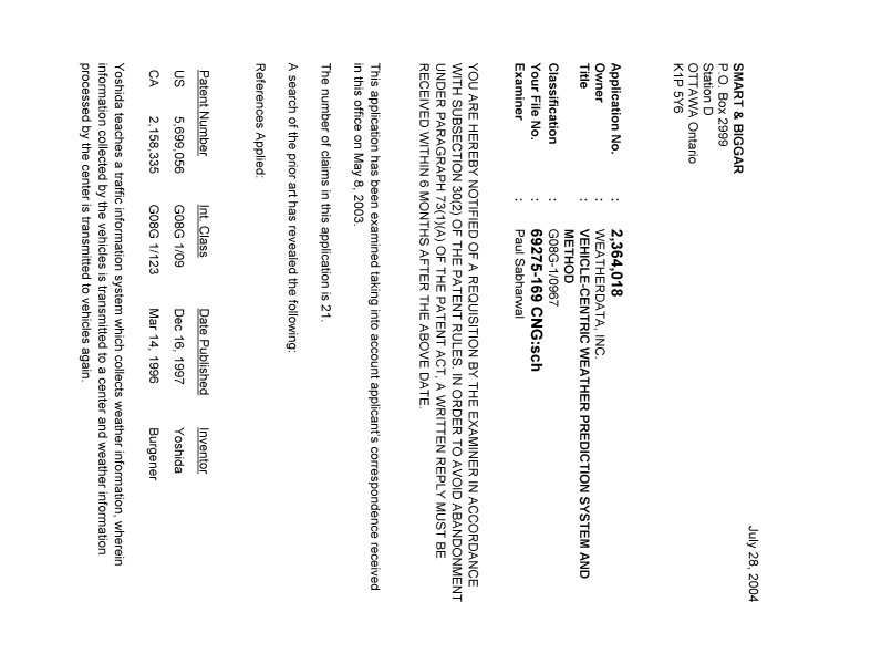 Canadian Patent Document 2364018. Prosecution-Amendment 20040728. Image 1 of 3