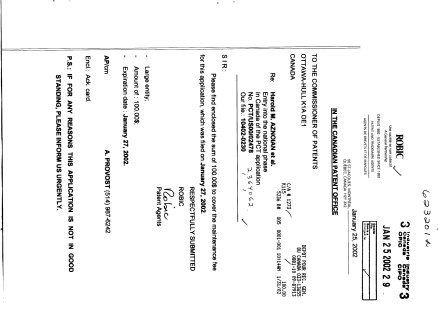 Document de brevet canadien 2364062. Taxes 20020125. Image 1 de 1