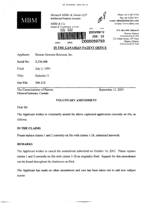 Document de brevet canadien 2364062. Poursuite-Amendment 20030912. Image 1 de 7