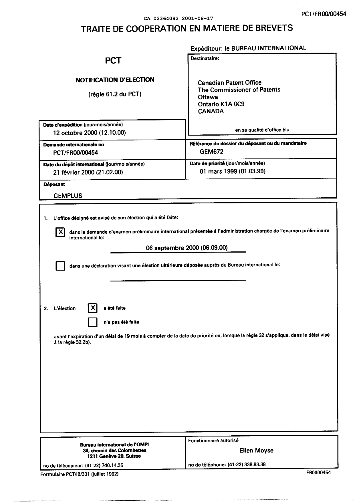 Document de brevet canadien 2364092. PCT 20010817. Image 1 de 17