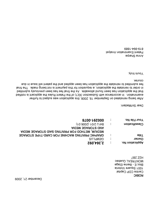 Canadian Patent Document 2364092. Correspondence 20091221. Image 1 of 1