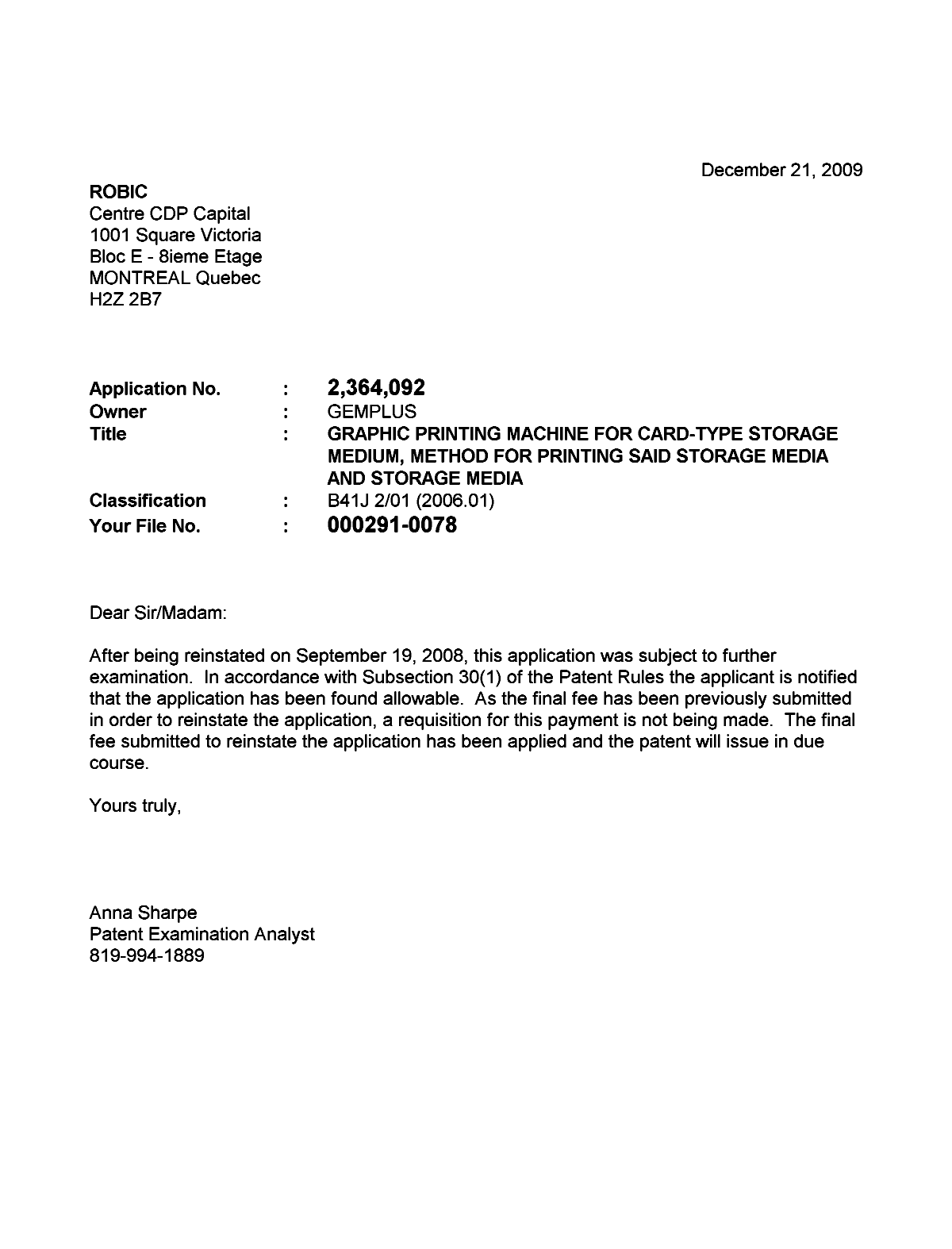 Document de brevet canadien 2364092. Correspondance 20091221. Image 1 de 1