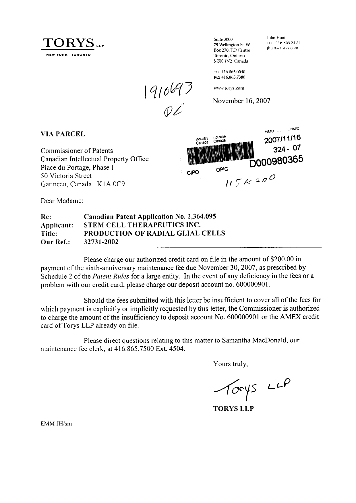 Document de brevet canadien 2364095. Taxes 20061216. Image 1 de 1