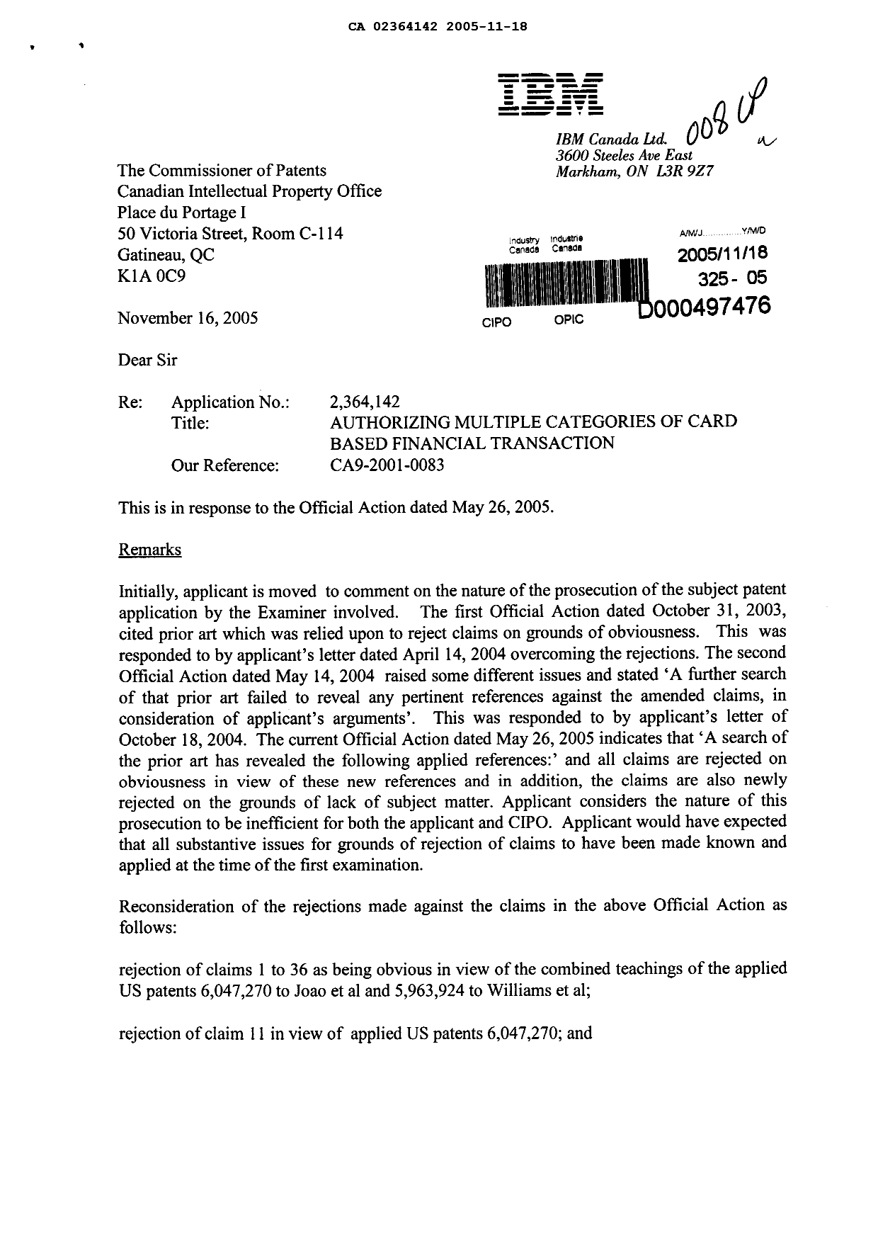 Canadian Patent Document 2364142. Prosecution-Amendment 20041218. Image 1 of 5