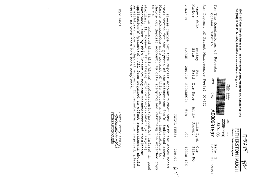 Document de brevet canadien 2364388. Taxes 20061110. Image 1 de 1