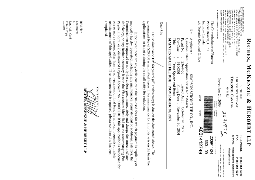 Document de brevet canadien 2364466. Taxes 20091124. Image 1 de 1