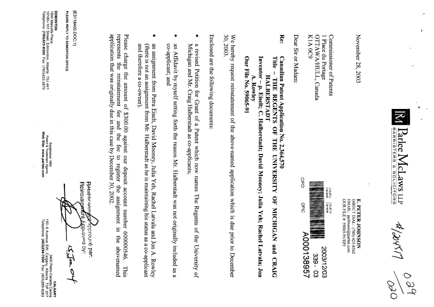 Canadian Patent Document 2364570. Correspondence 20031203. Image 1 of 16