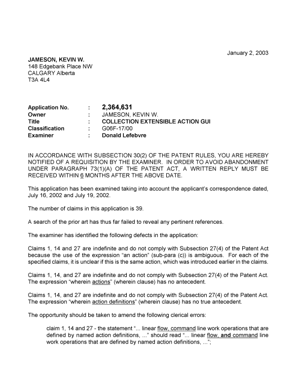 Document de brevet canadien 2364631. Poursuite-Amendment 20021202. Image 1 de 2