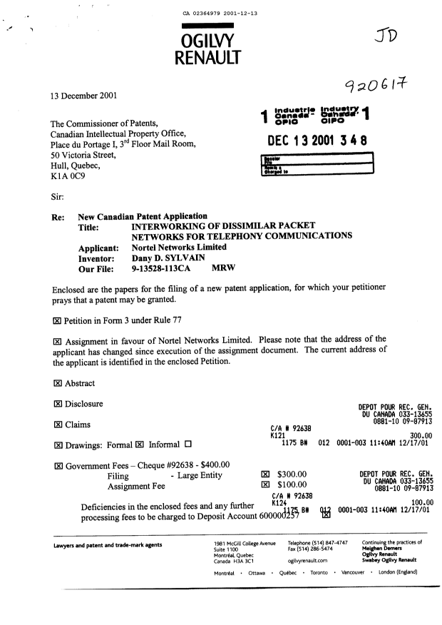 Canadian Patent Document 2364979. Assignment 20011213. Image 1 of 4