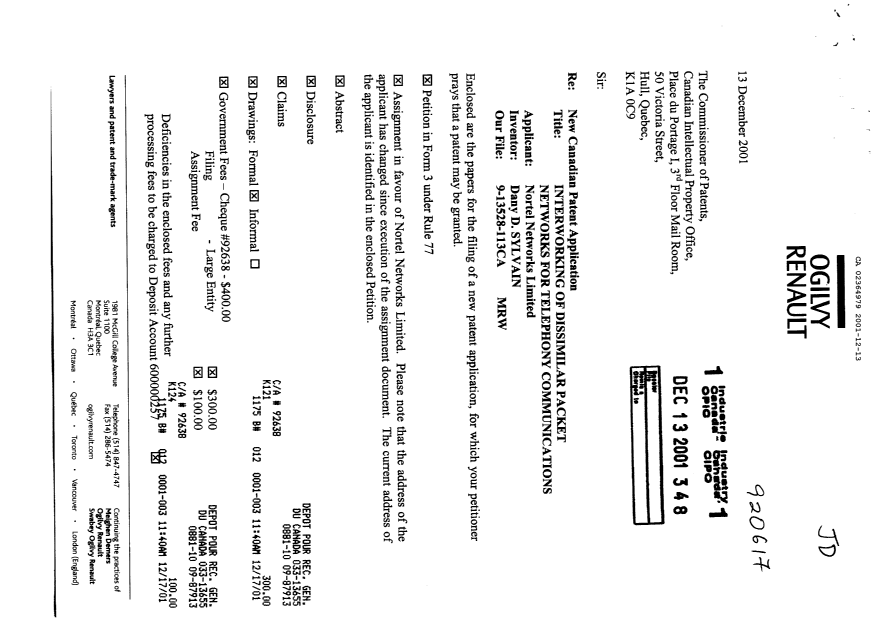 Document de brevet canadien 2364979. Cession 20011213. Image 1 de 4