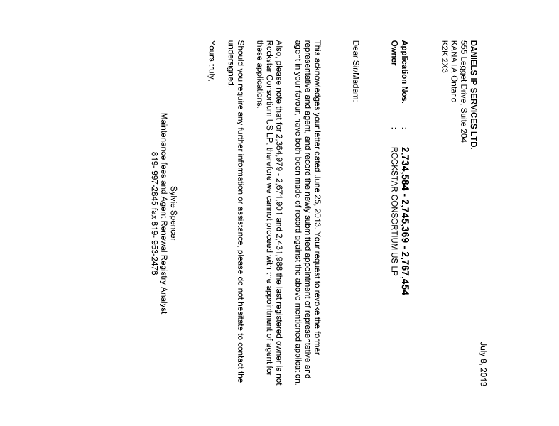 Document de brevet canadien 2364979. Correspondance 20130708. Image 1 de 1