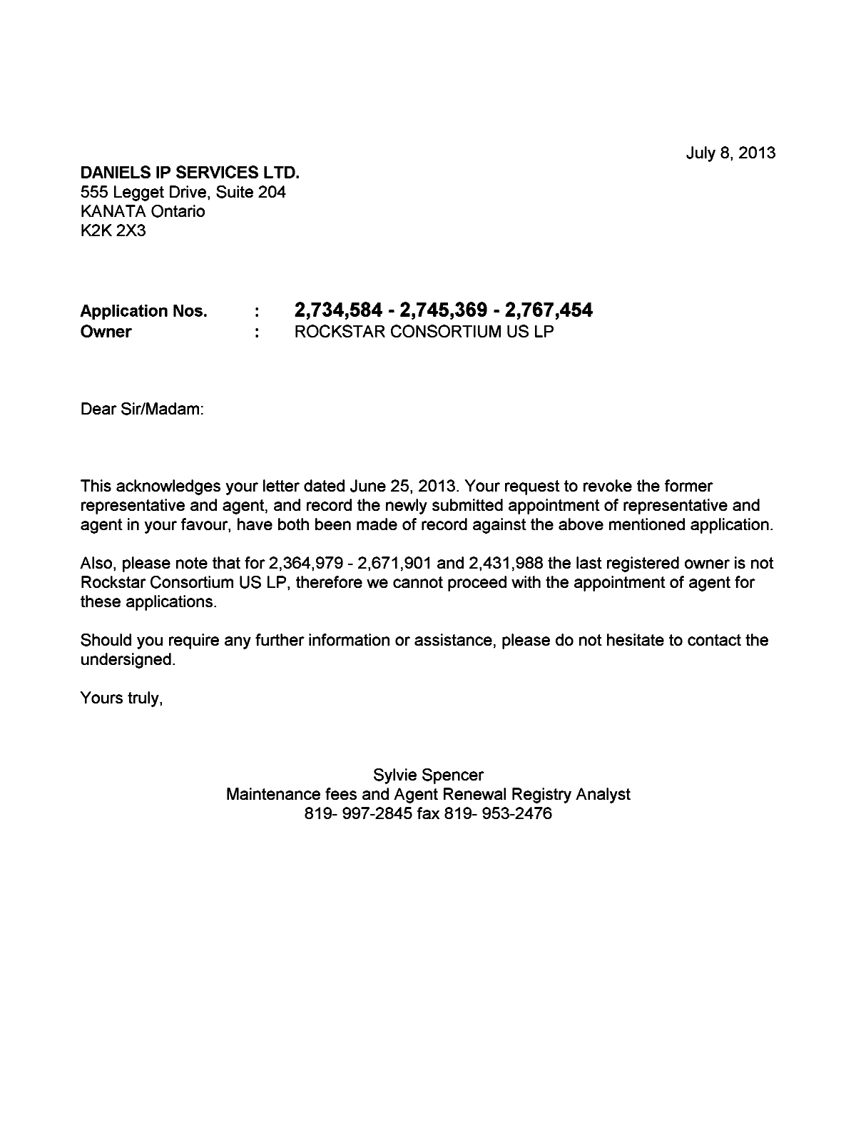Document de brevet canadien 2364979. Correspondance 20130708. Image 1 de 1
