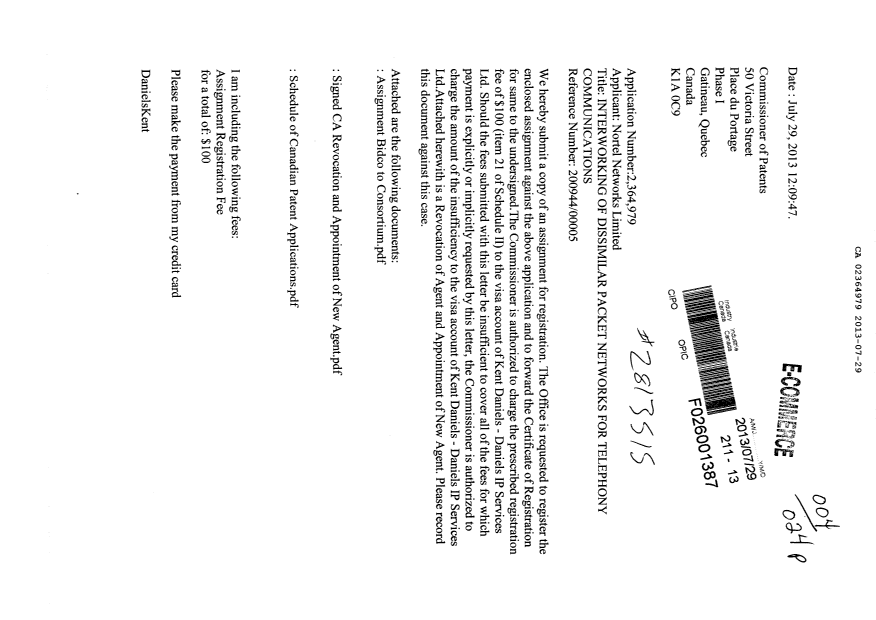Document de brevet canadien 2364979. Cession 20130729. Image 1 de 9