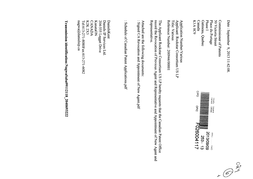 Document de brevet canadien 2364979. Correspondance 20130909. Image 1 de 3