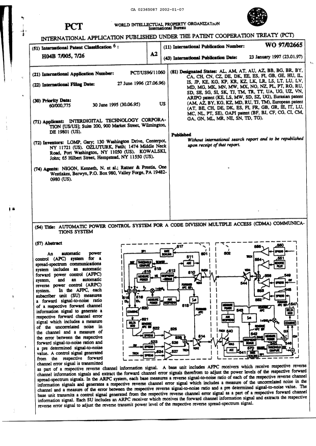 Canadian Patent Document 2365087. Abstract 20020107. Image 1 of 1
