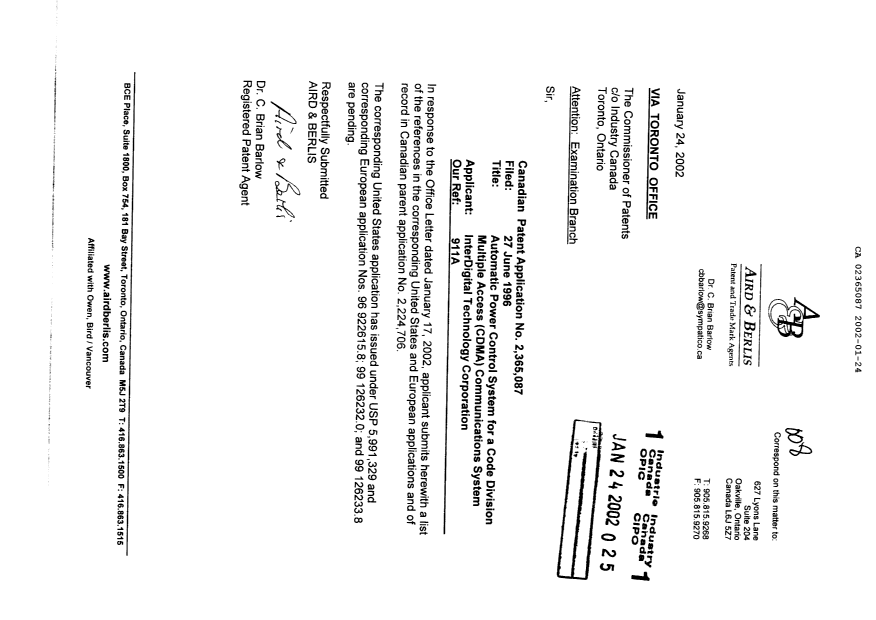 Canadian Patent Document 2365087. Prosecution-Amendment 20020124. Image 1 of 1