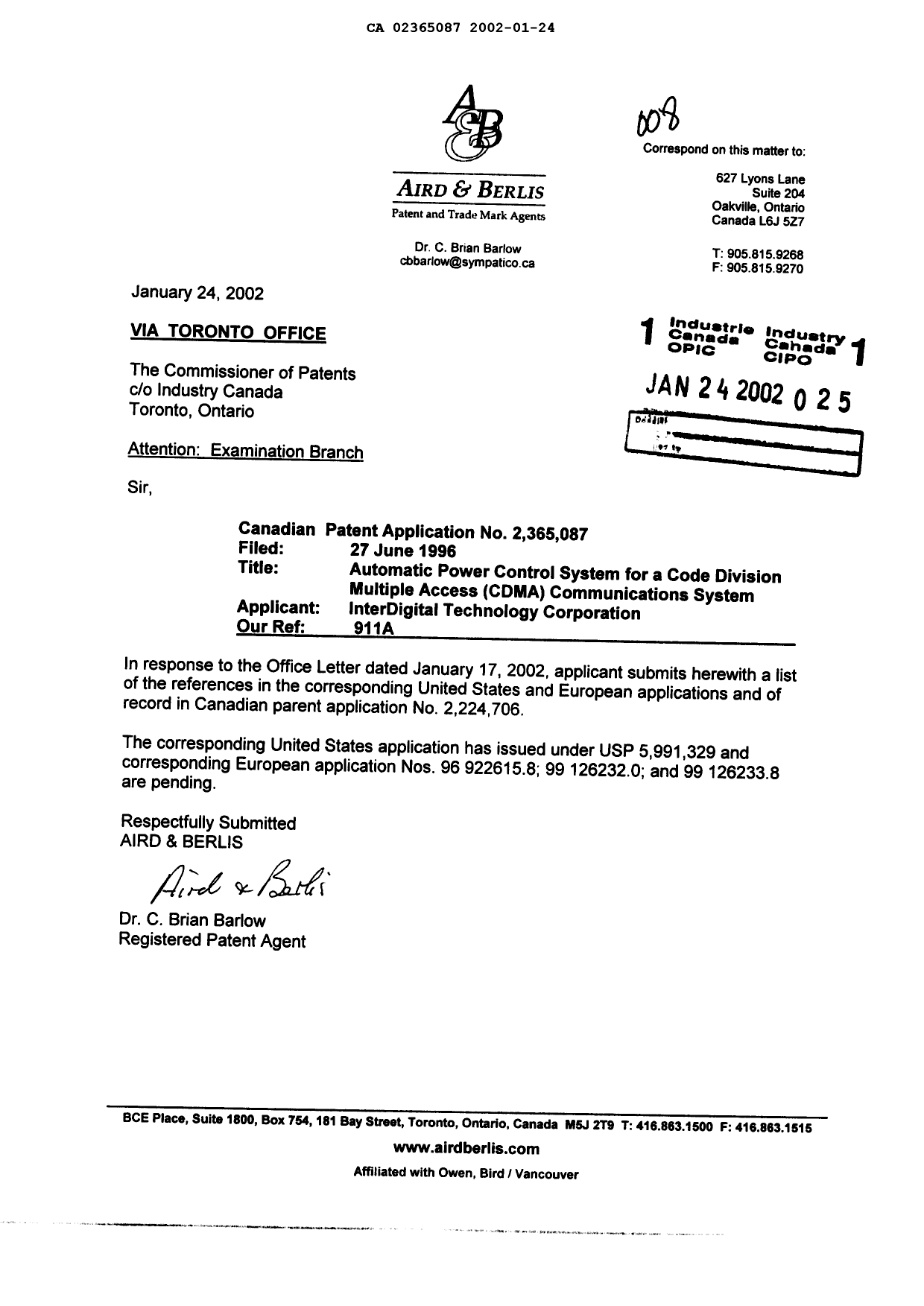 Canadian Patent Document 2365087. Prosecution-Amendment 20020124. Image 1 of 1