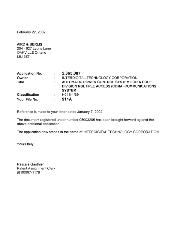 Canadian Patent Document 2365087. Correspondence 20020222. Image 1 of 1
