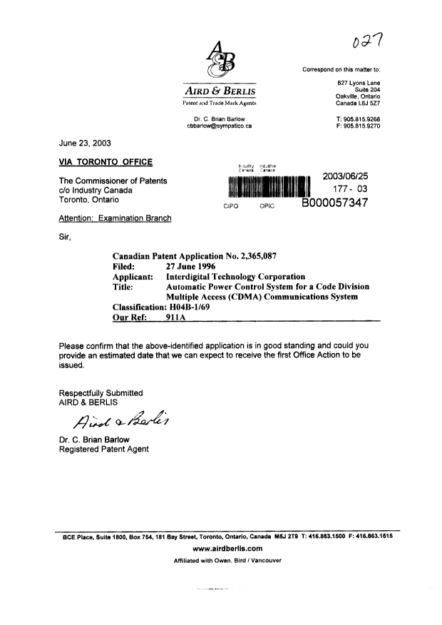 Canadian Patent Document 2365087. Prosecution-Amendment 20030625. Image 1 of 1