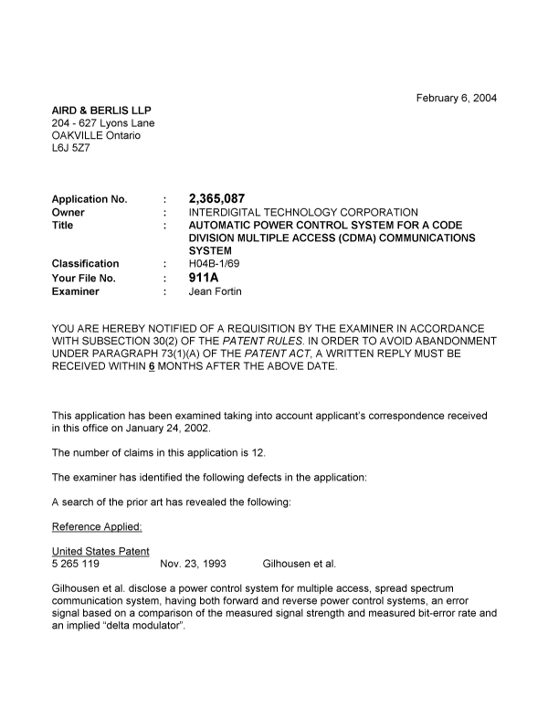 Canadian Patent Document 2365087. Prosecution-Amendment 20040206. Image 1 of 2