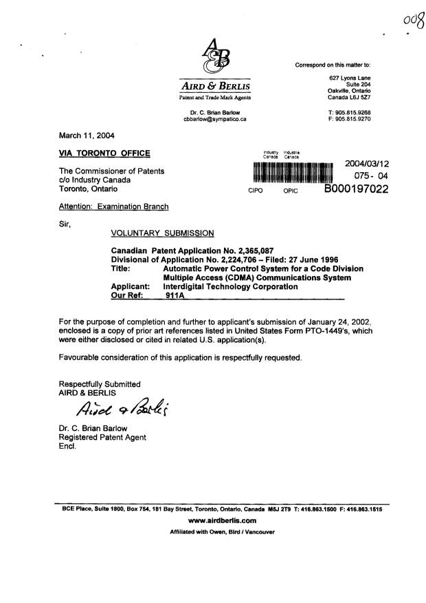 Canadian Patent Document 2365087. Prosecution-Amendment 20040312. Image 1 of 1