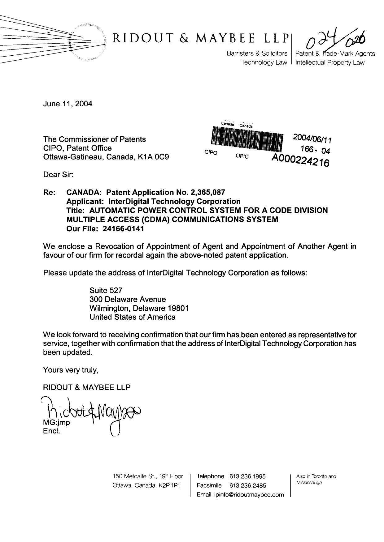 Canadian Patent Document 2365087. Correspondence 20040611. Image 1 of 2
