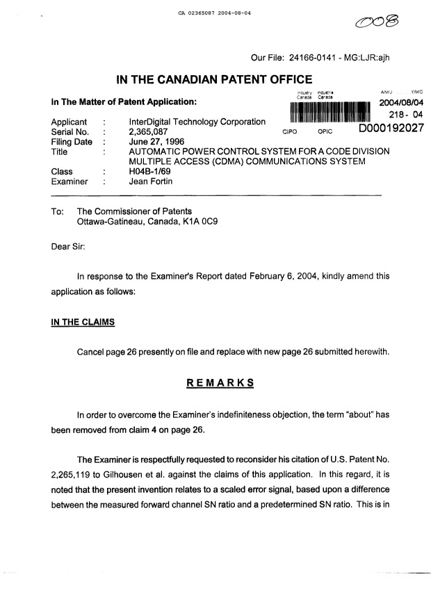 Canadian Patent Document 2365087. Prosecution-Amendment 20040804. Image 1 of 5