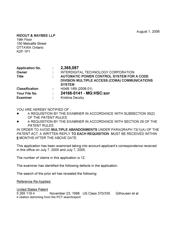 Document de brevet canadien 2365087. Poursuite-Amendment 20060801. Image 1 de 3