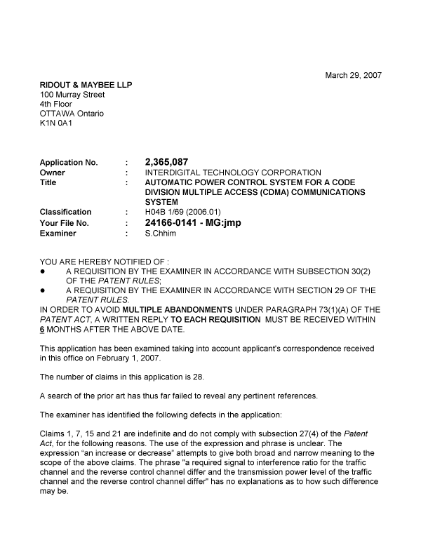Document de brevet canadien 2365087. Poursuite-Amendment 20070329. Image 1 de 2