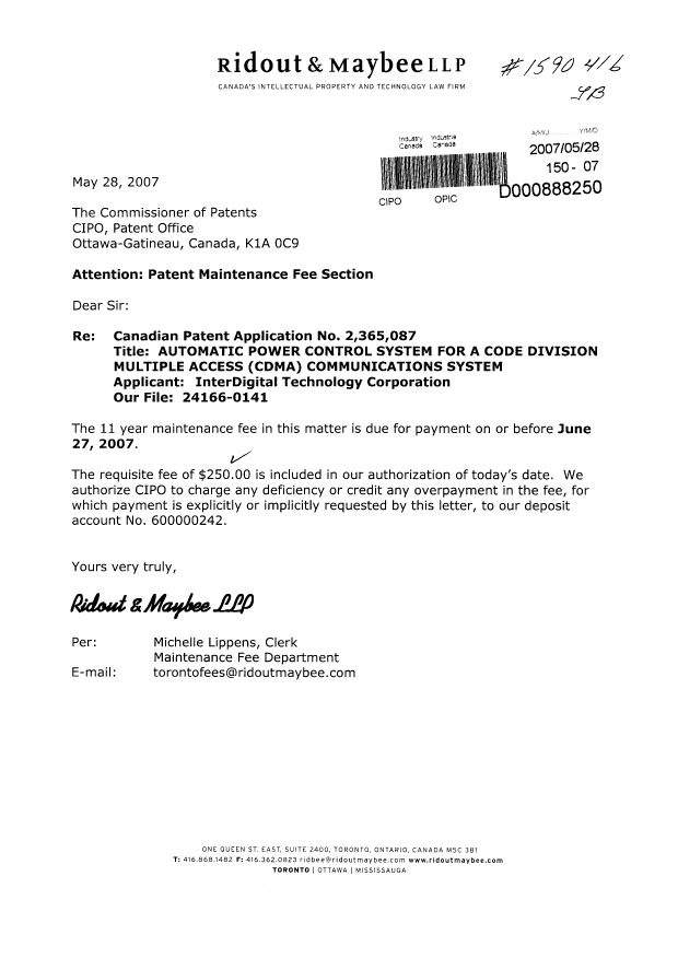 Canadian Patent Document 2365087. Fees 20070528. Image 1 of 1