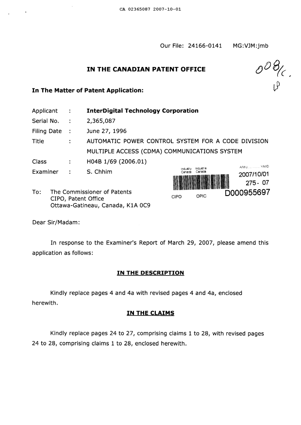 Canadian Patent Document 2365087. Prosecution-Amendment 20071001. Image 1 of 10