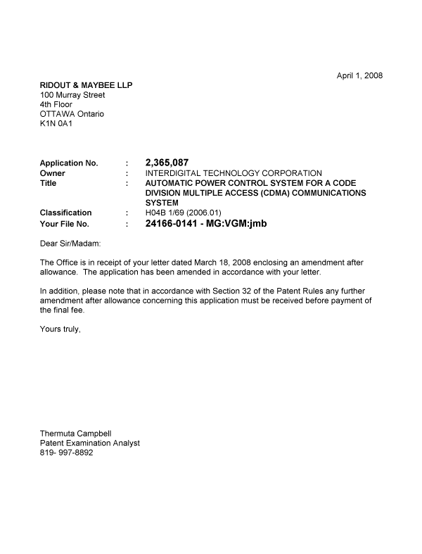 Canadian Patent Document 2365087. Prosecution-Amendment 20080401. Image 1 of 1