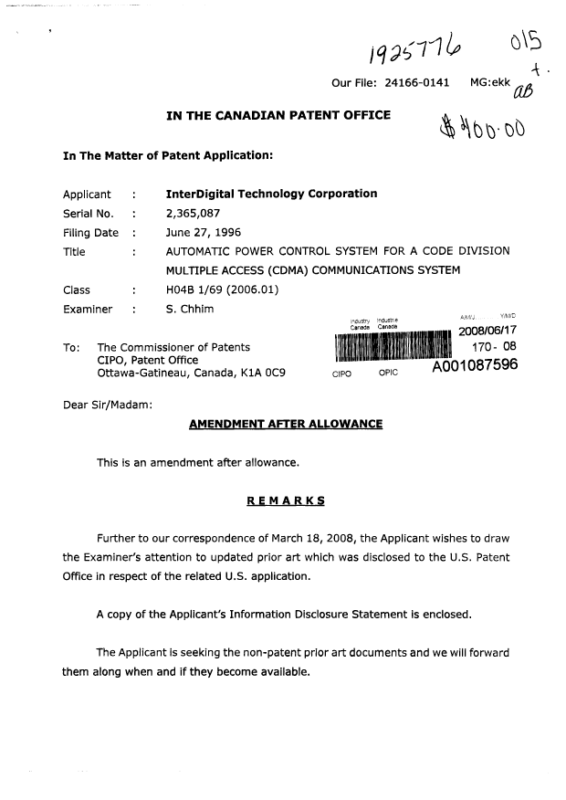 Document de brevet canadien 2365087. Poursuite-Amendment 20080617. Image 1 de 2
