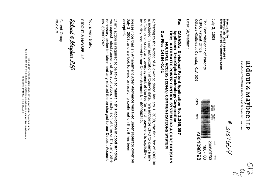 Canadian Patent Document 2365087. Correspondence 20080703. Image 1 of 1