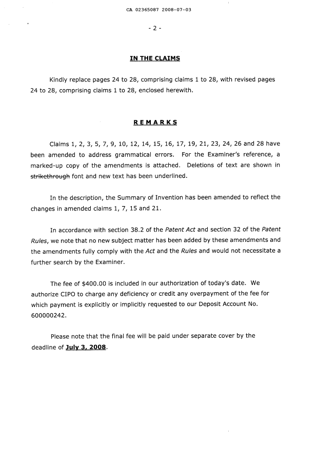 Canadian Patent Document 2365087. Prosecution-Amendment 20080703. Image 2 of 15