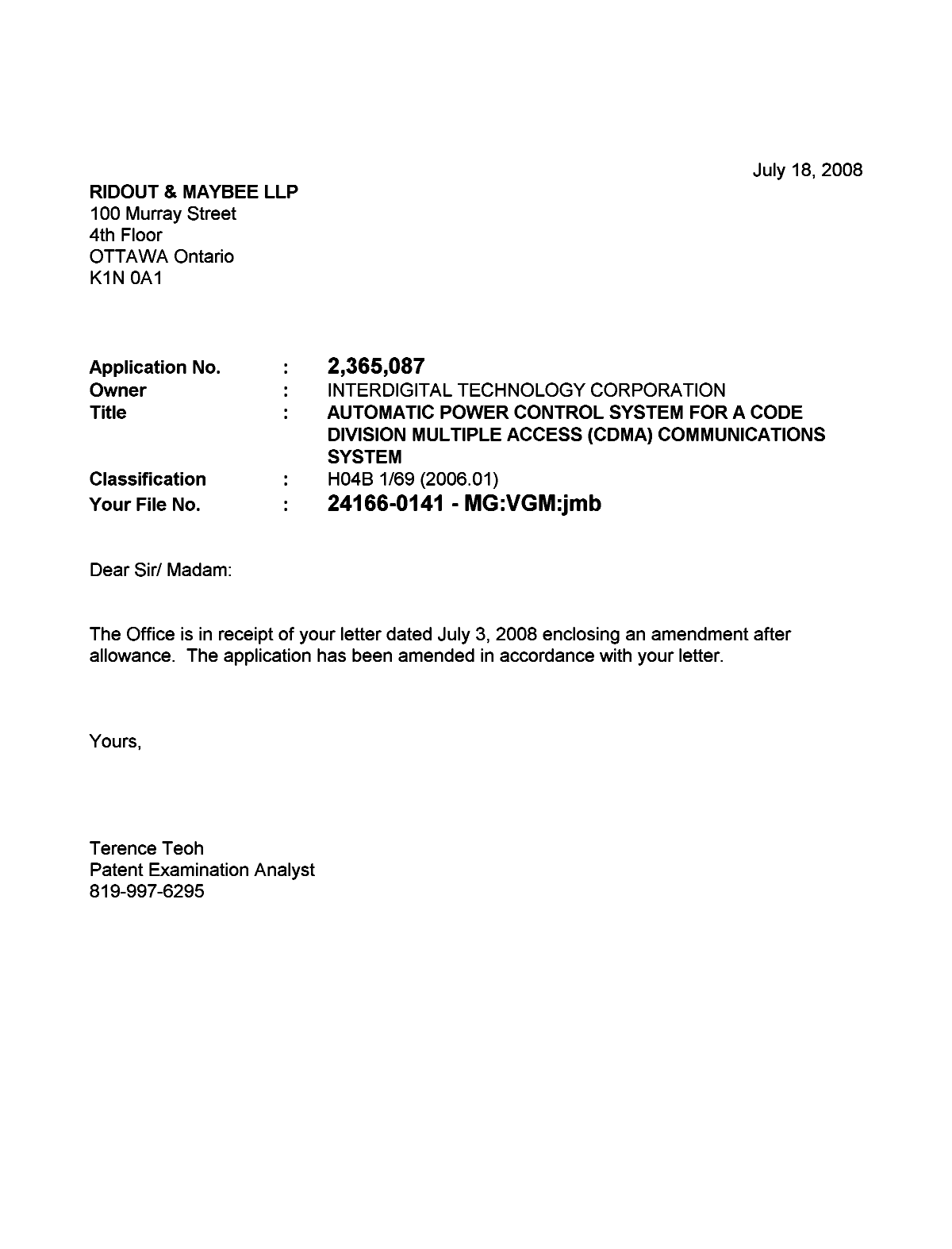 Canadian Patent Document 2365087. Prosecution-Amendment 20080718. Image 1 of 1