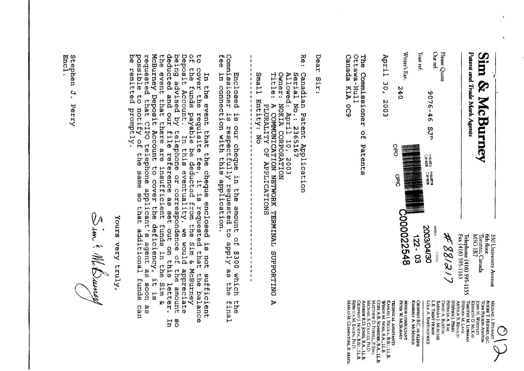 Canadian Patent Document 2365167. Correspondence 20030430. Image 1 of 1