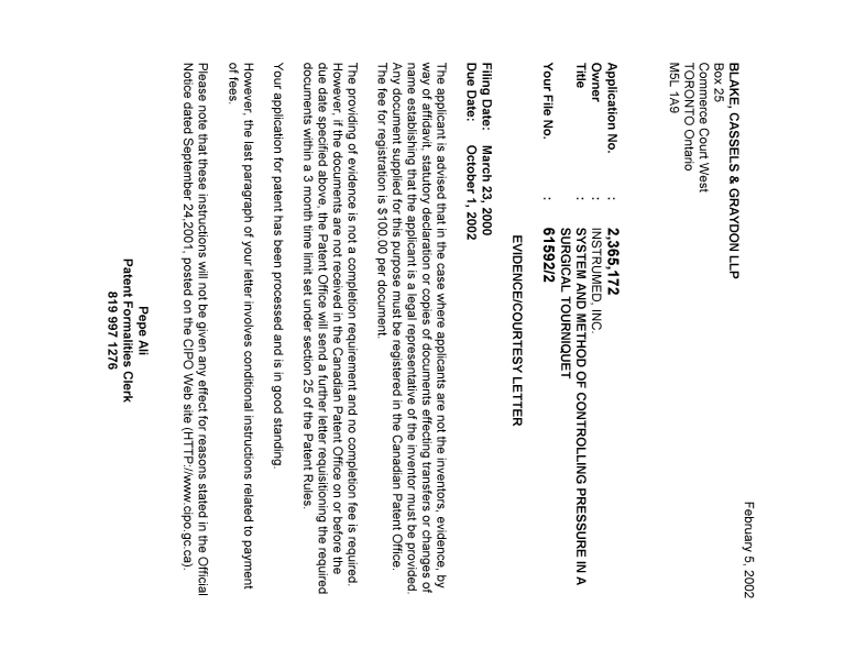 Canadian Patent Document 2365172. Correspondence 20020201. Image 1 of 1
