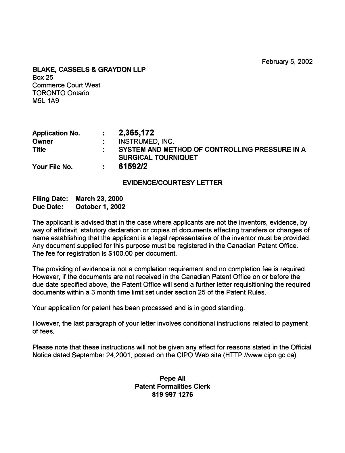Document de brevet canadien 2365172. Correspondance 20020201. Image 1 de 1