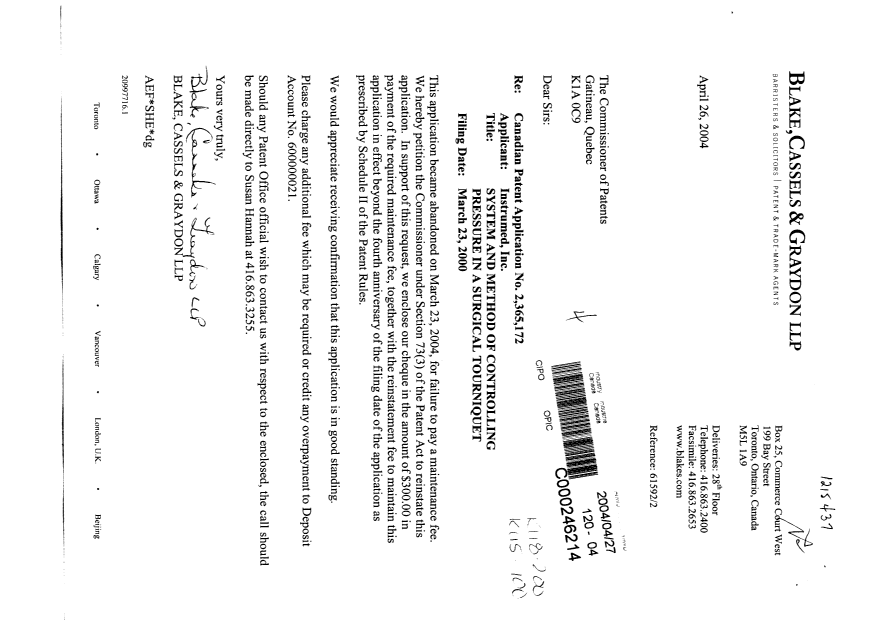 Canadian Patent Document 2365172. Fees 20040427. Image 1 of 1