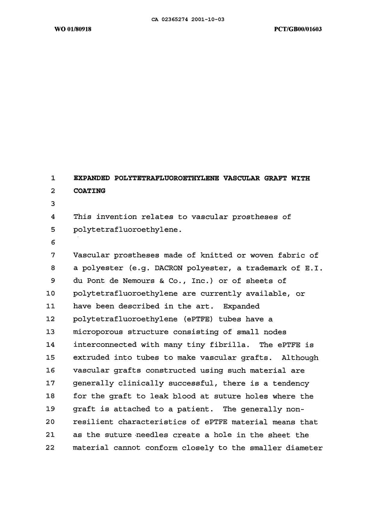 Canadian Patent Document 2365274. Description 20011003. Image 1 of 24