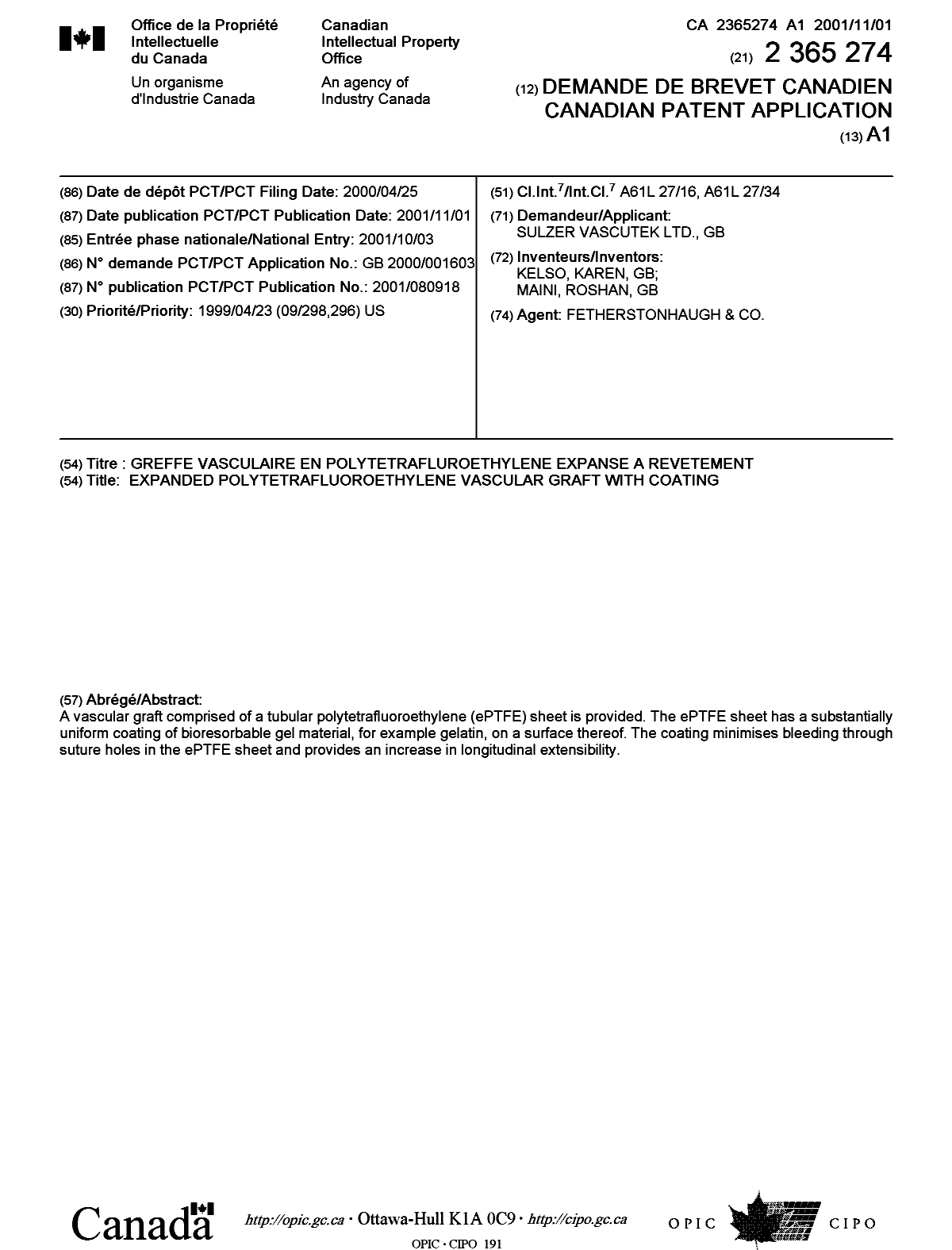 Document de brevet canadien 2365274. Page couverture 20020204. Image 1 de 1