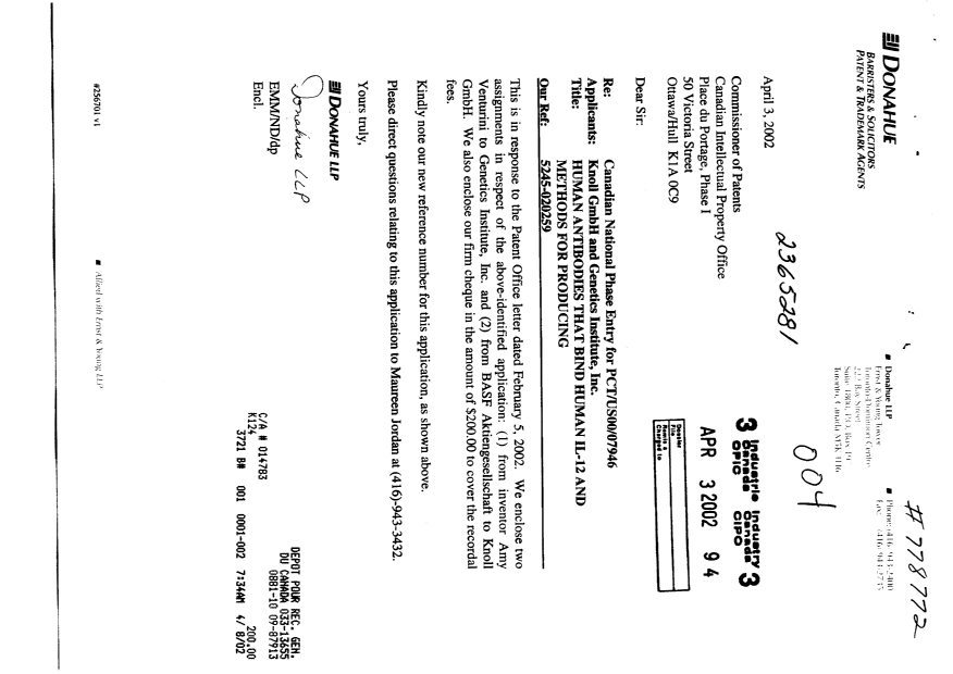 Canadian Patent Document 2365281. Assignment 20011203. Image 1 of 5