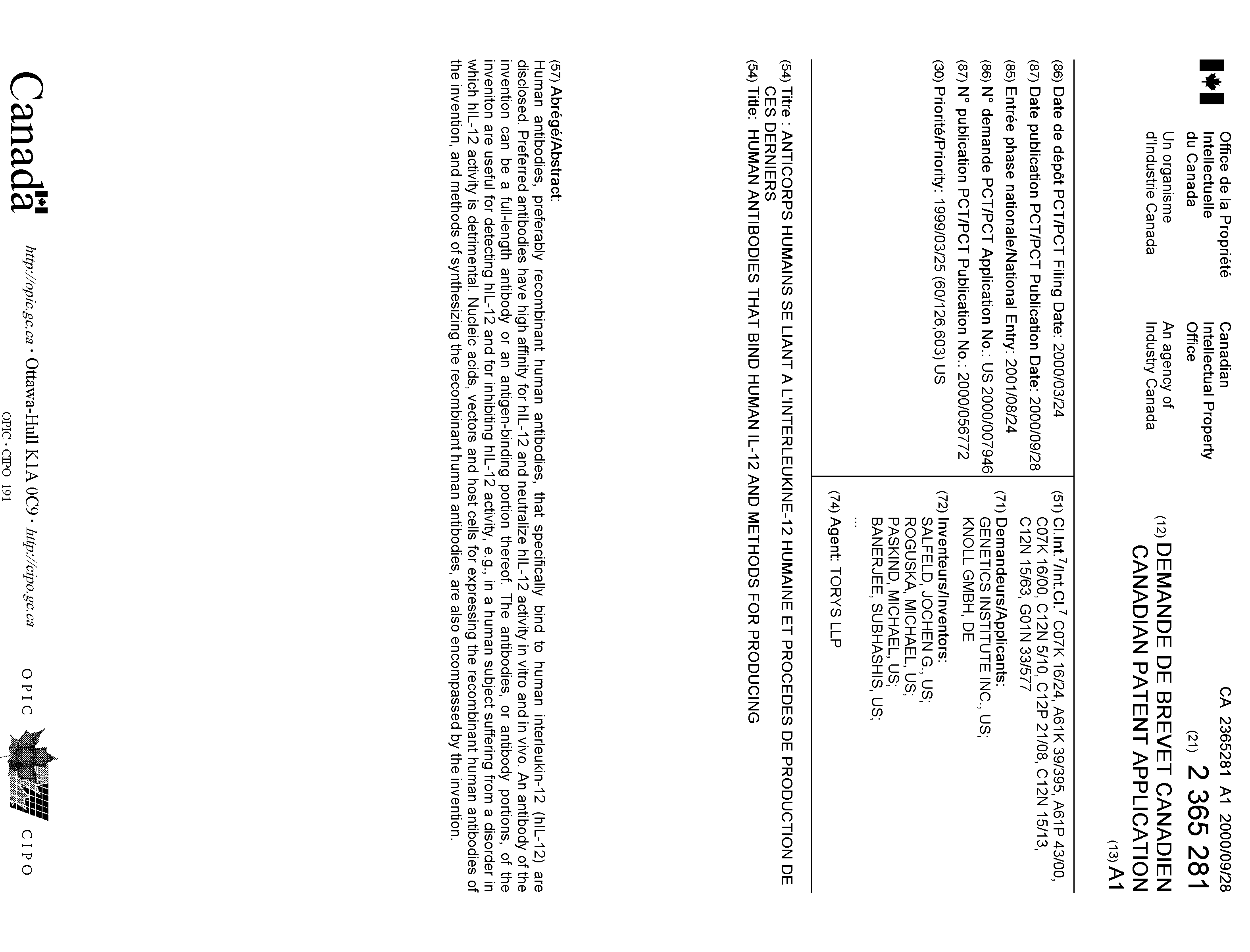 Canadian Patent Document 2365281. Cover Page 20011213. Image 1 of 2