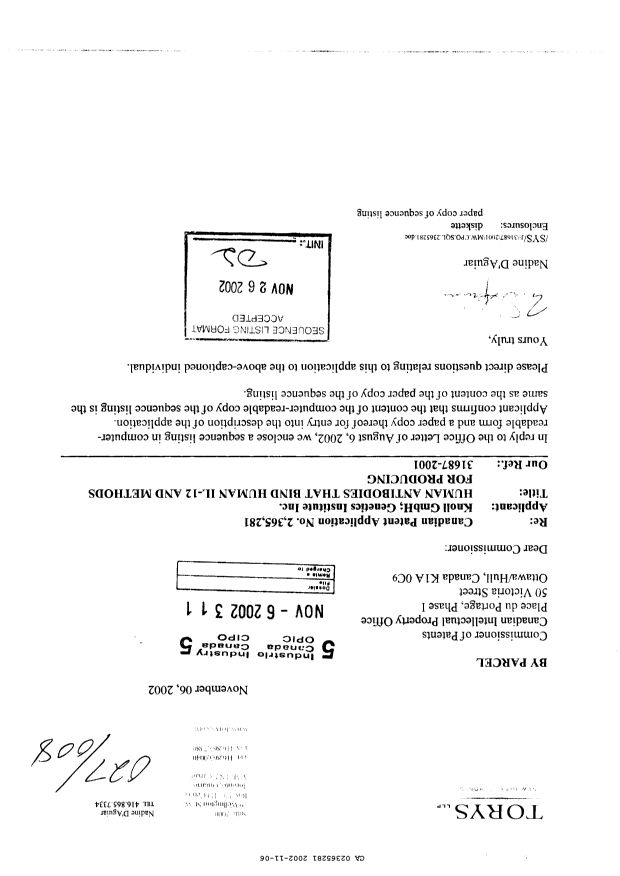 Document de brevet canadien 2365281. Poursuite-Amendment 20021106. Image 1 de 146