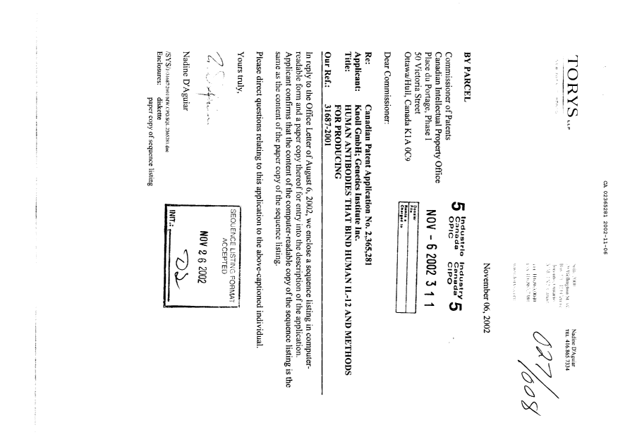 Canadian Patent Document 2365281. Prosecution-Amendment 20021106. Image 1 of 146