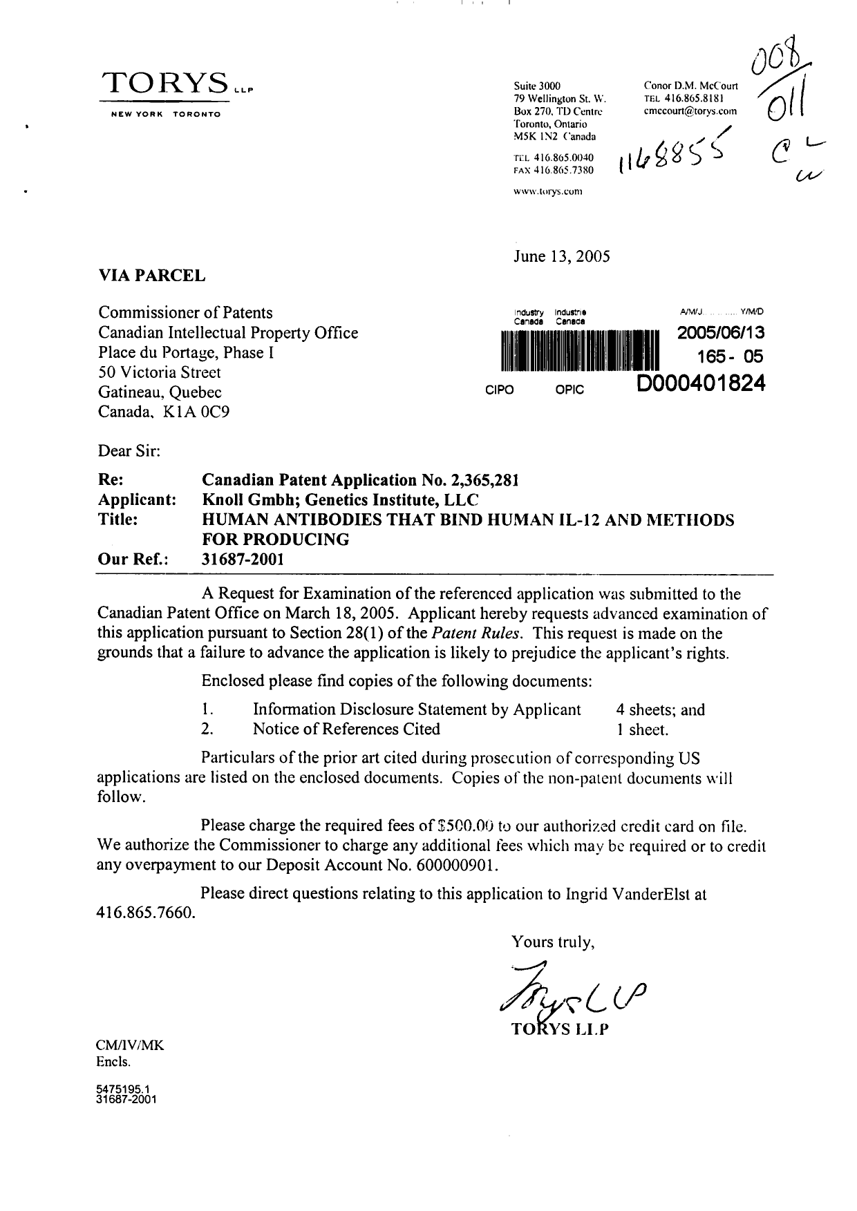Canadian Patent Document 2365281. Prosecution-Amendment 20041213. Image 1 of 1