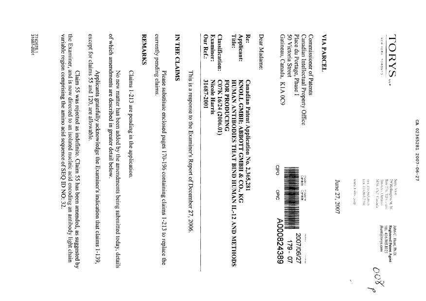 Canadian Patent Document 2365281. Prosecution-Amendment 20061227. Image 1 of 29